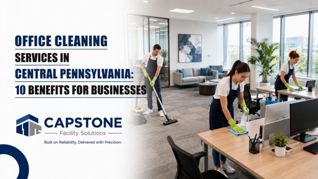 Professional office cleaning team disinfecting desks and workstations in a Central Pennsylvania office
