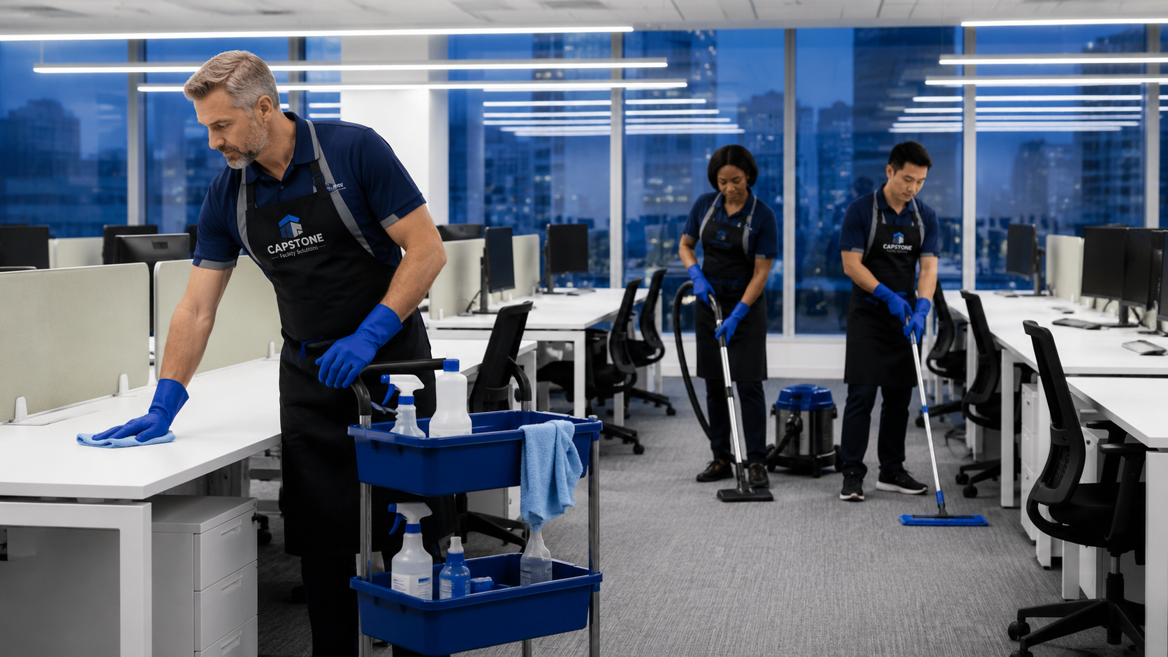 Commercial building cleaning crew performing routine janitorial and maintenance services