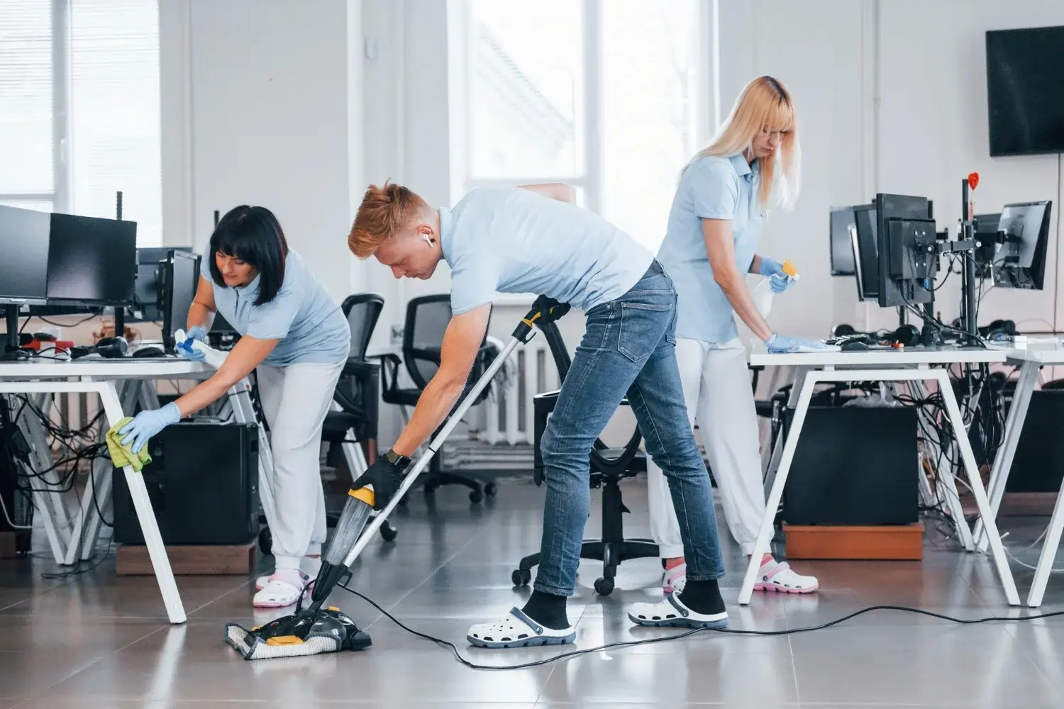Professional cleaners maintaining a clean and healthy commercial building environment