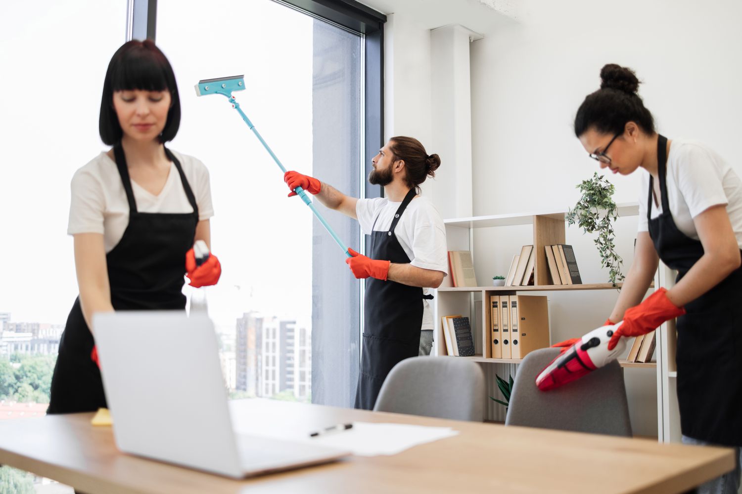 Experienced office cleaners performing detailed commercial cleaning services