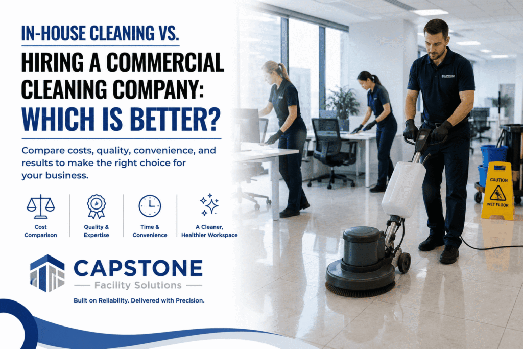 Commercial cleaning crew professionally cleaning an office building .