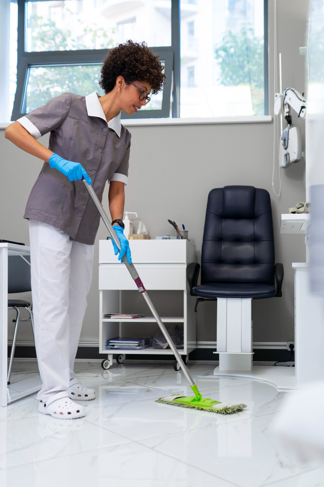 Medical office cleaning specialist mopping clinical floors and disinfecting patient care areas in a Harrisburg, PA healthcare facility.