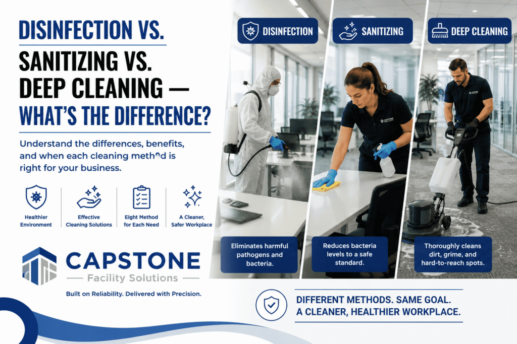 Commercial cleaning team disinfecting high-touch surfaces in an office .