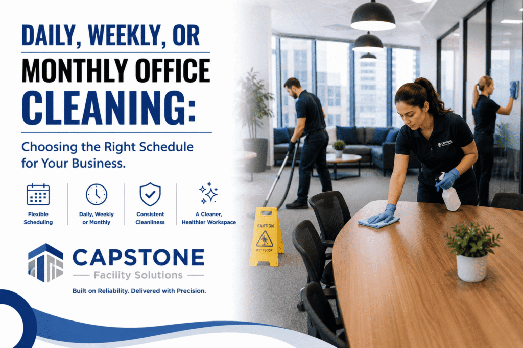 Professional commercial cleaning team performing routine office cleaning .