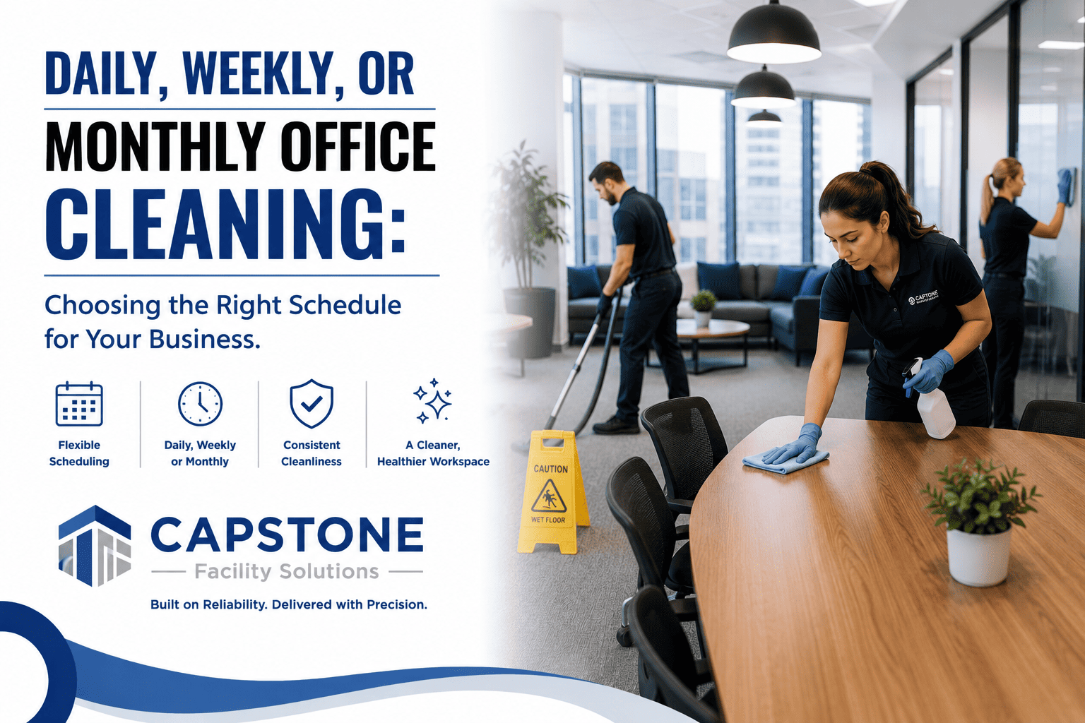 Professional commercial cleaning team performing routine office cleaning .