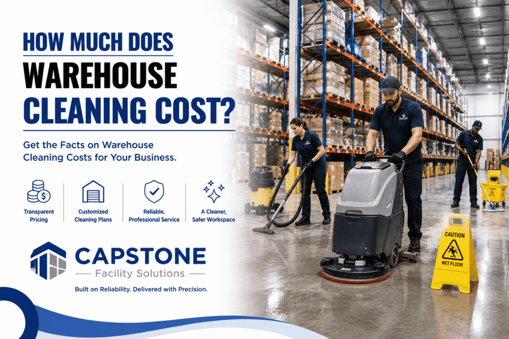Professional warehouse cleaning crew cleaning industrial warehouse floors