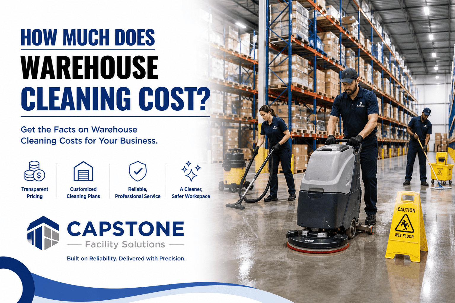 Professional warehouse cleaning crew cleaning industrial warehouse floors