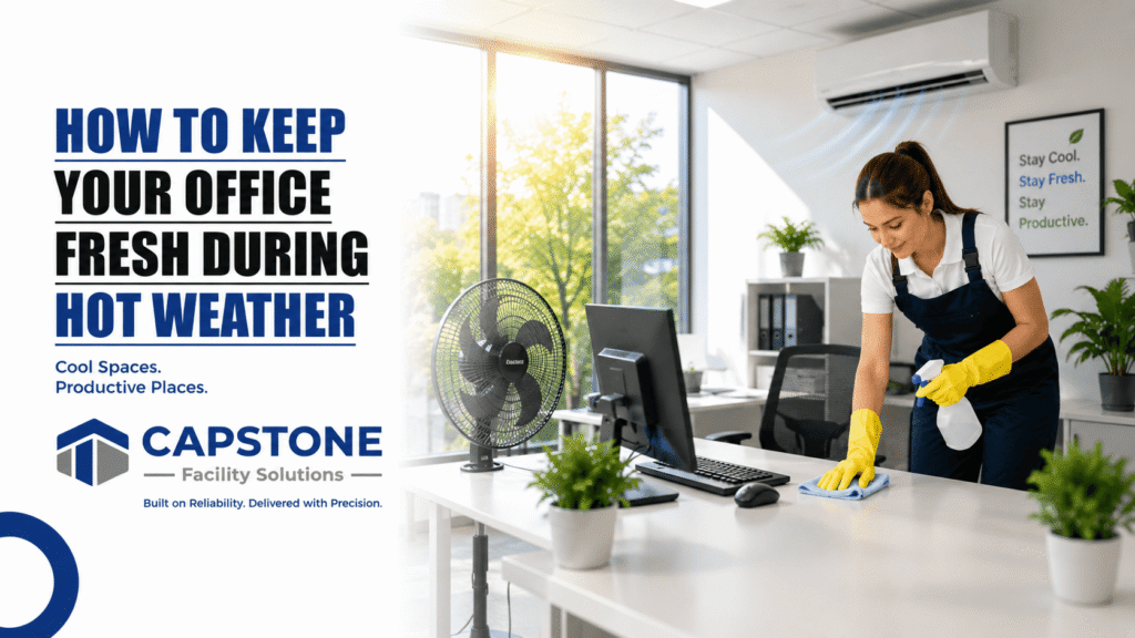 Professional commercial cleaner disinfecting and refreshing a modern office during hot summer weather .