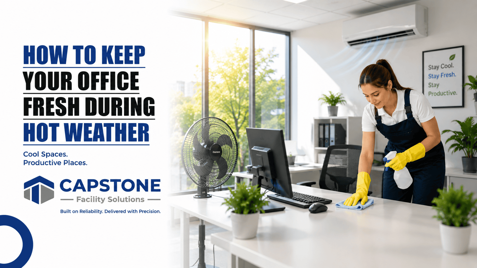 Professional commercial cleaner disinfecting and refreshing a modern office during hot summer weather .