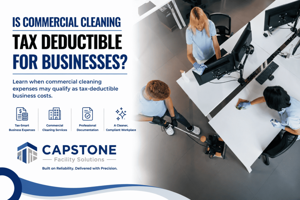 Professional janitorial team cleaning a commercial workspace .
