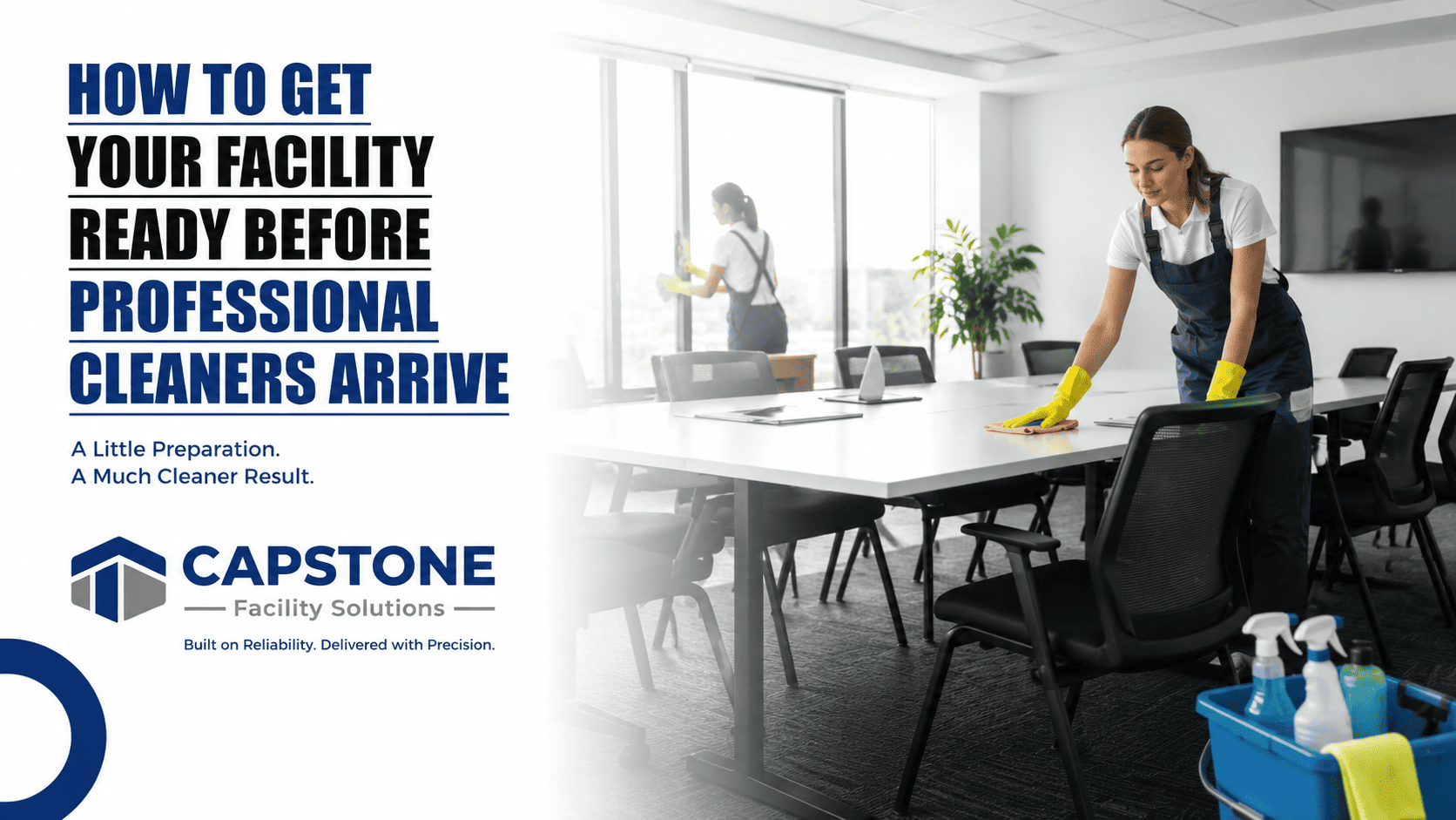 Office staff preparing workstations before professional commercial cleaners arrive .