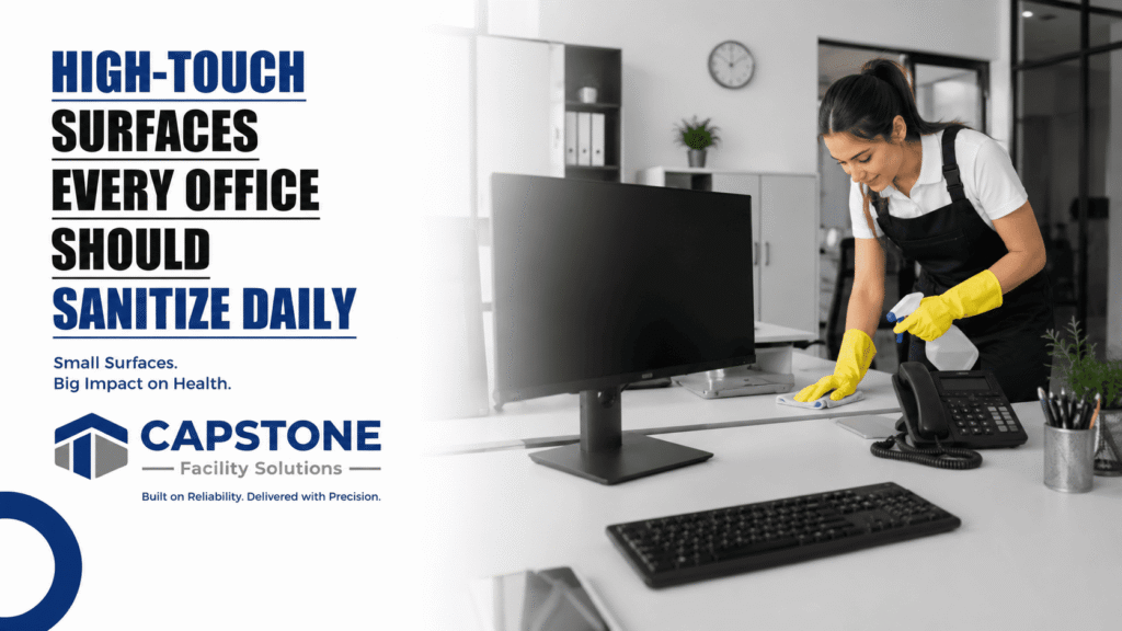 Professional cleaner disinfecting high-touch surfaces in a modern office workspace .