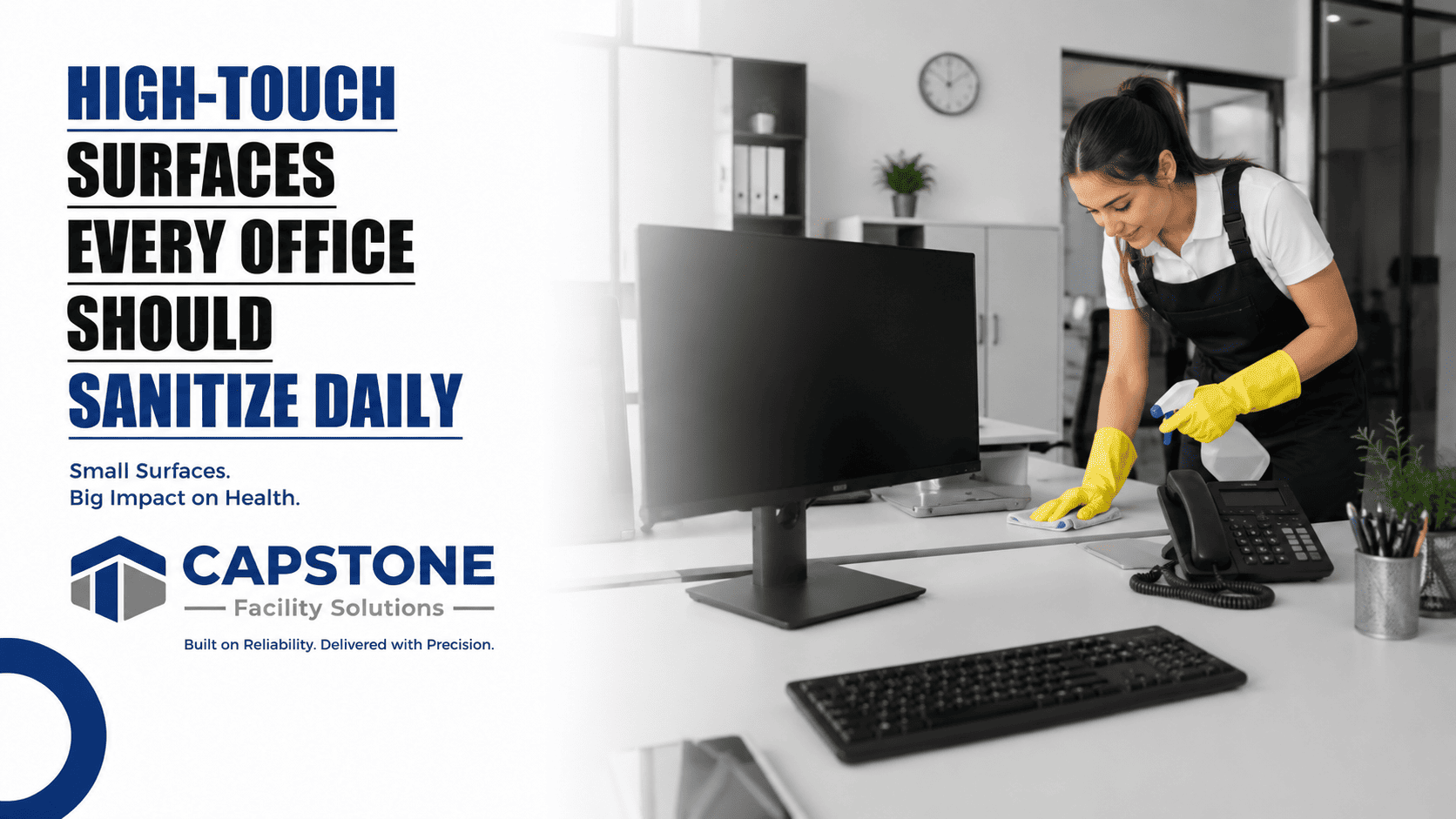 Professional cleaner disinfecting high-touch surfaces in a modern office workspace .