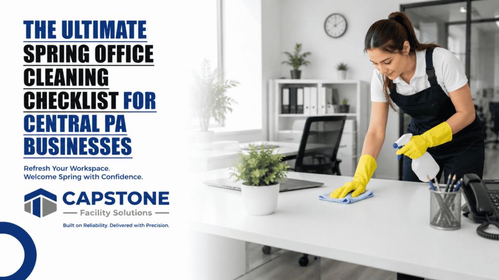 Professional office cleaning team performing spring deep cleaning in a Central PA office .