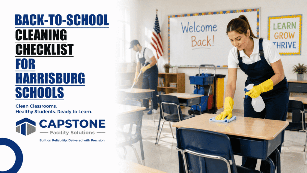 Professional school cleaning team disinfecting classrooms and common areas before students return to a Harrisburg school .