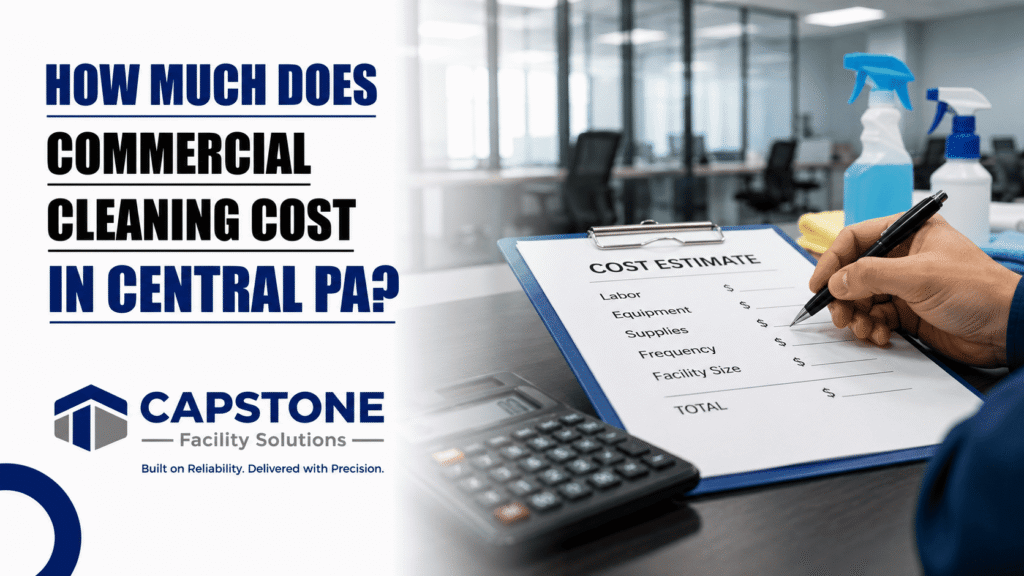 Commercial cleaning cost estimate for a Central PA office with pricing checklist, calculator, and professional cleaning supplies.