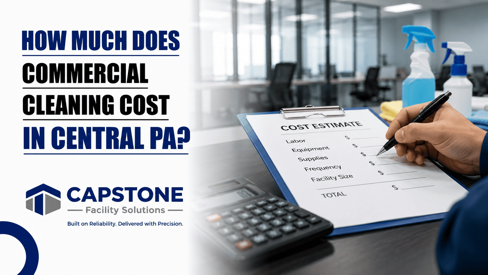 Commercial cleaning cost estimate for a Central PA office with pricing checklist, calculator, and professional cleaning supplies.