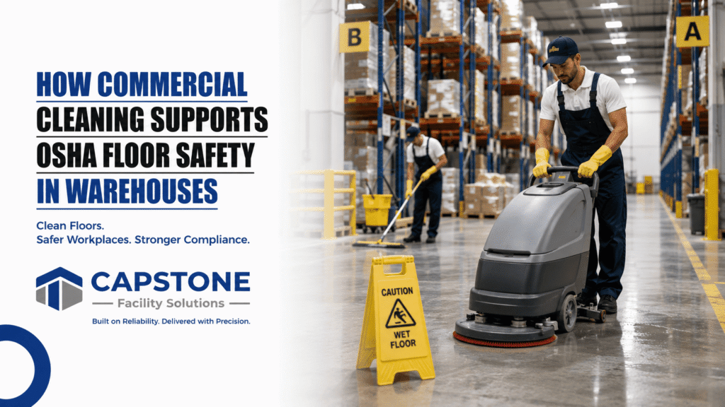 Commercial cleaning crew using an industrial floor scrubber to maintain OSHA-compliant warehouse floors and improve workplace safety .