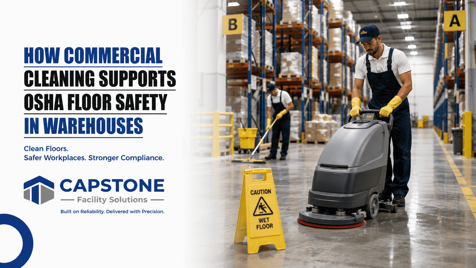 Commercial cleaning crew using an industrial floor scrubber to maintain OSHA-compliant warehouse floors and improve workplace safety .