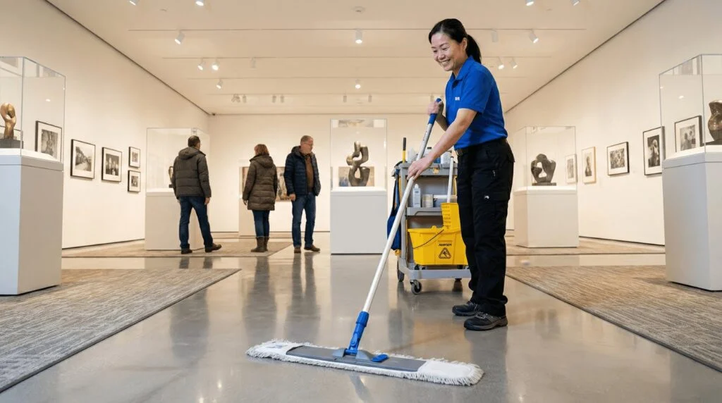 Day porter providing continuous cleaning, restroom maintenance, trash removal, and facility support for busy commercial properties in Harrisburg PA.
