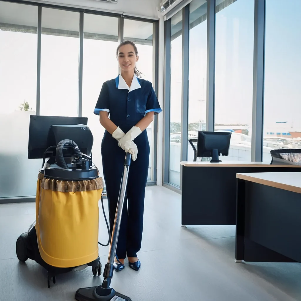 Professional commercial cleaning crew maintaining an office building for cost-effective cleaning services.