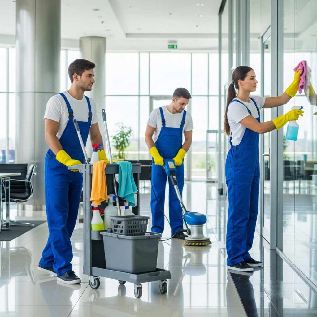 Professional commercial cleaners maintaining an office building in Harrisburg, PA.