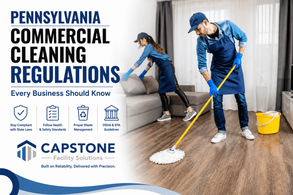 Commercial cleaning professional disinfecting office surfaces to meet Pennsylvania commercial cleaning regulations .