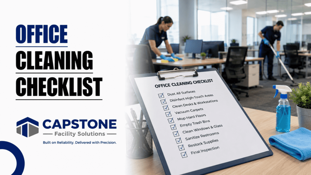 Professional cleaner following an office cleaning checklist in a Central PA workspace .