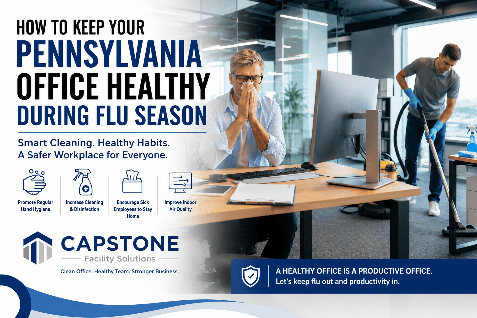 Professional office cleaning team disinfecting workstations during flu season in a Pennsylvania office.