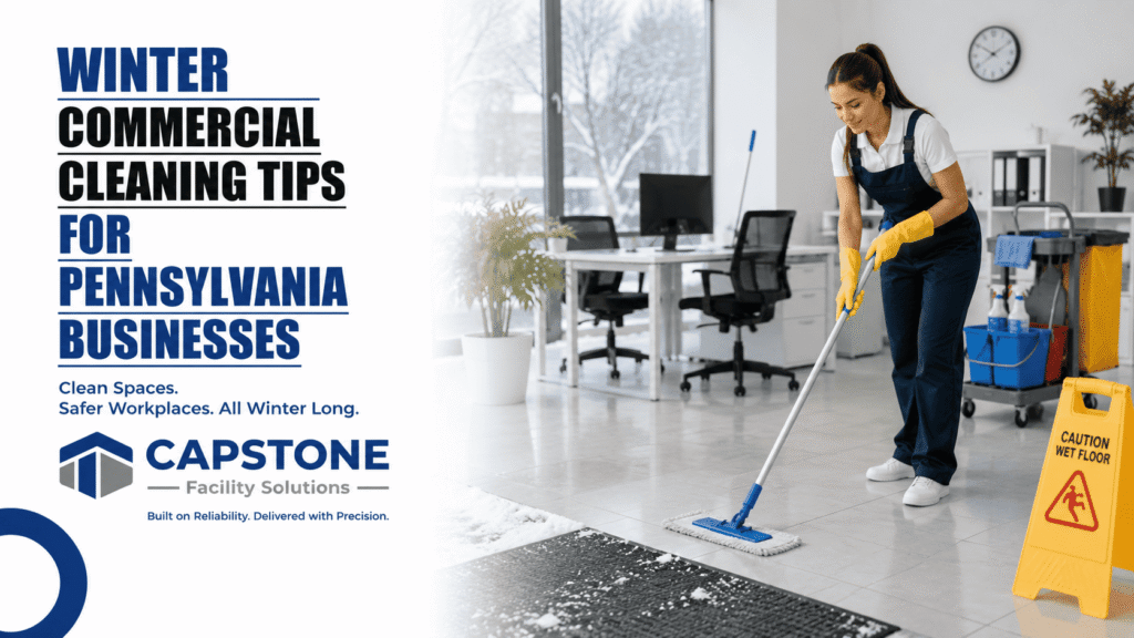 Commercial cleaning professional maintaining a clean Pennsylvania business during winter to improve workplace safety and hygiene .
