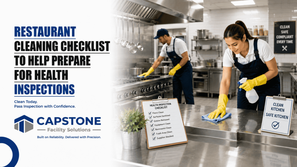 Professional restaurant cleaning staff sanitizing kitchen equipment, dining areas, and food preparation surfaces before a health inspection .