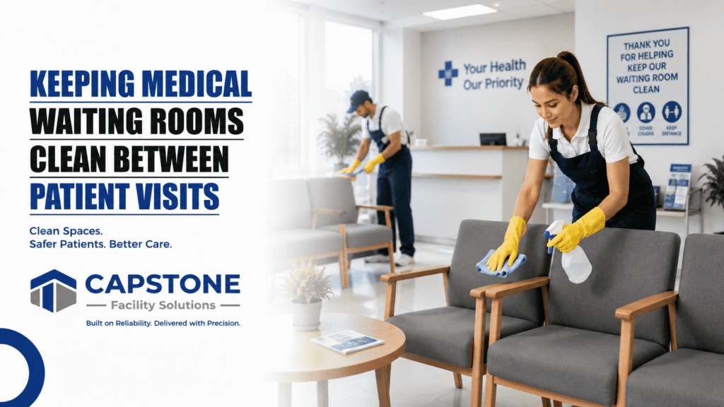 Professional medical facility cleaner disinfecting chairs and high-touch surfaces in a healthcare waiting room between patient visits .
