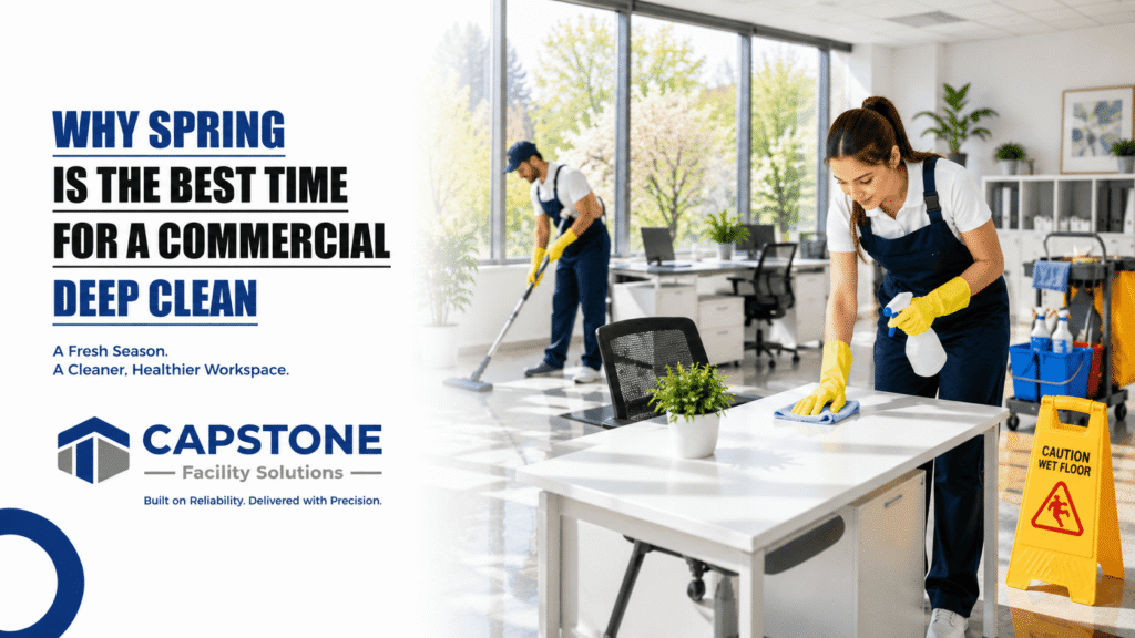 Professional commercial cleaners performing a spring deep clean inside a modern office building .