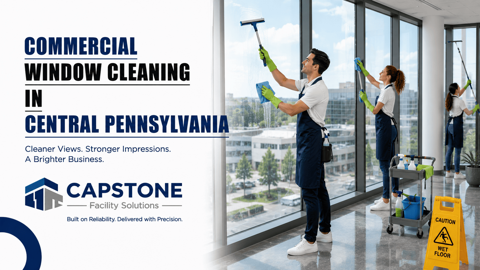 Professional window cleaner squeegeeing exterior glass on a commercial building in Central PA.