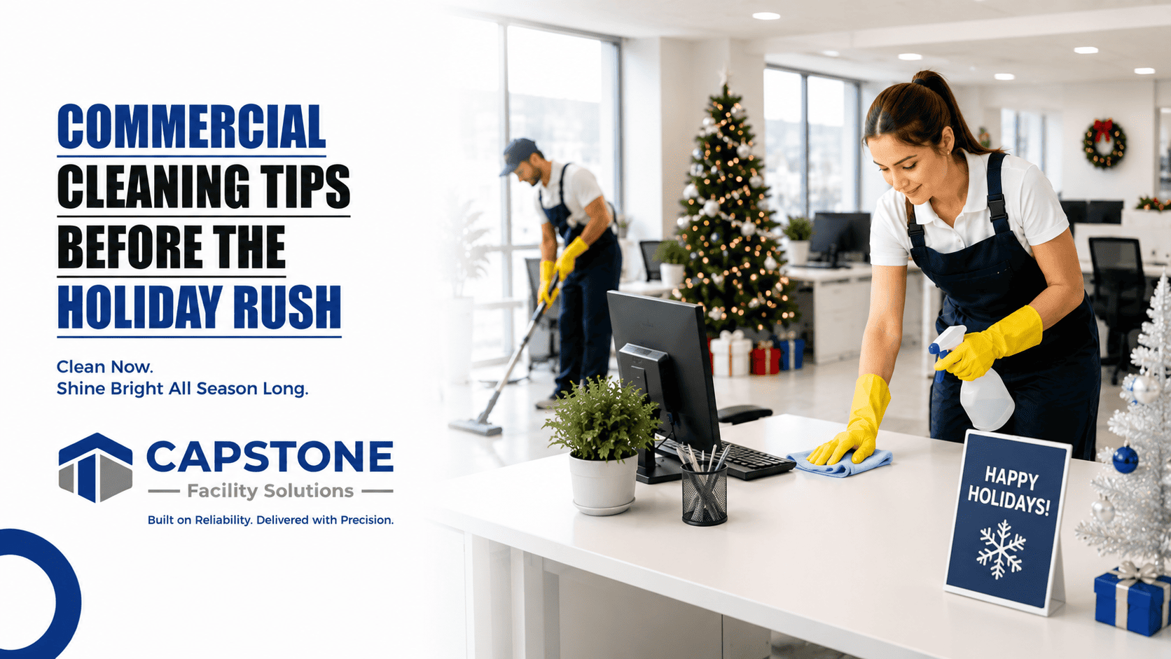 Professional commercial cleaners preparing a business for the holiday season by cleaning floors and high-traffic areas .
