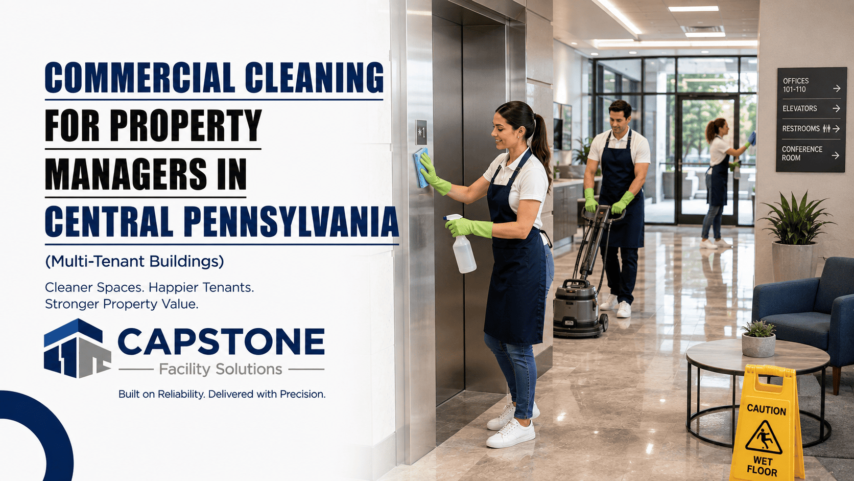Commercial cleaning crew maintaining the lobby of a multi-tenant office building in Central PA.