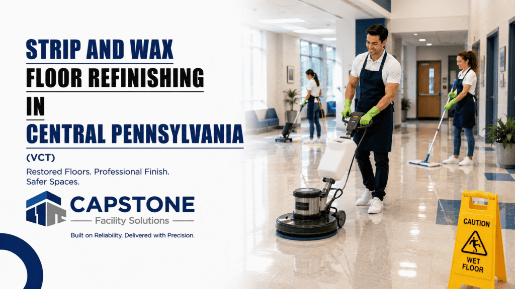 Floor technician applying fresh finish coats to commercial VCT flooring in Central PA.