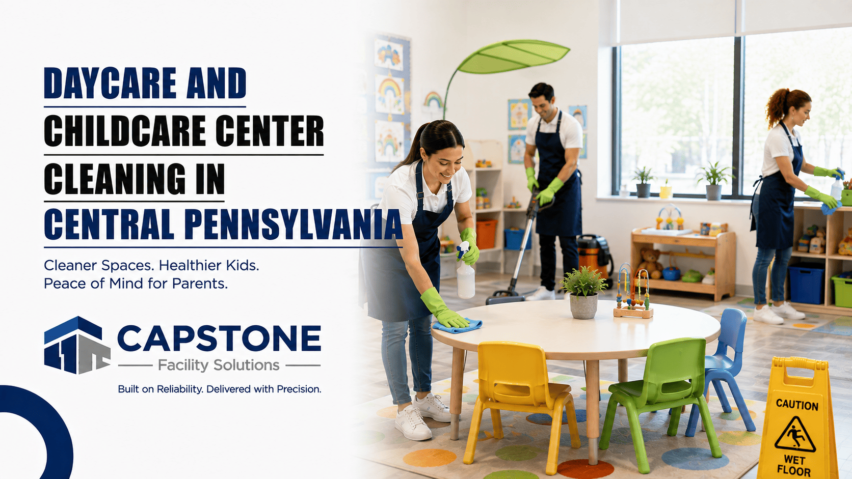 Freshly cleaned childcare classroom with sanitized tables and floors in Central PA.