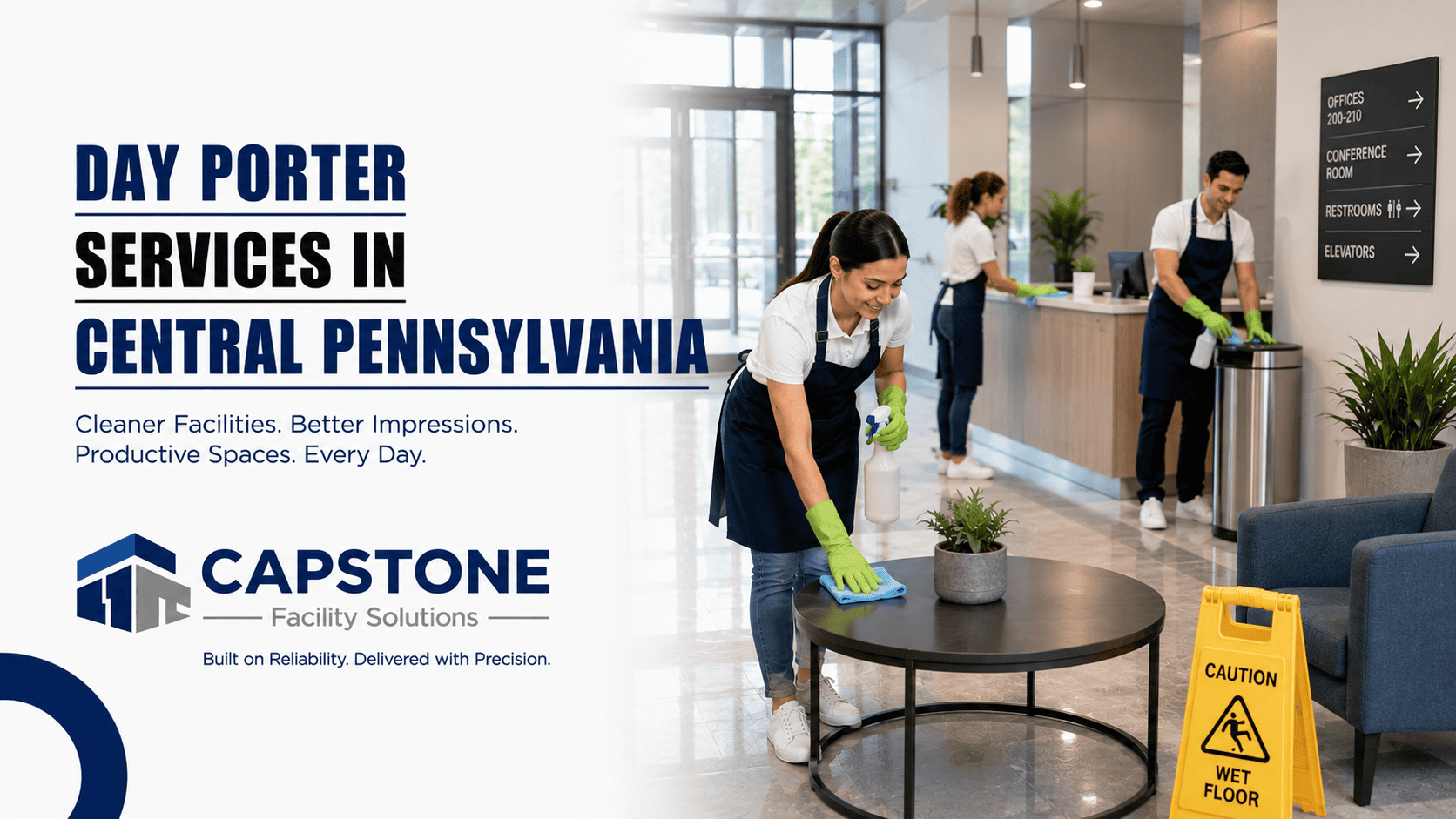 Day porter cleaning a busy office building lobby during business hours in Central PA.