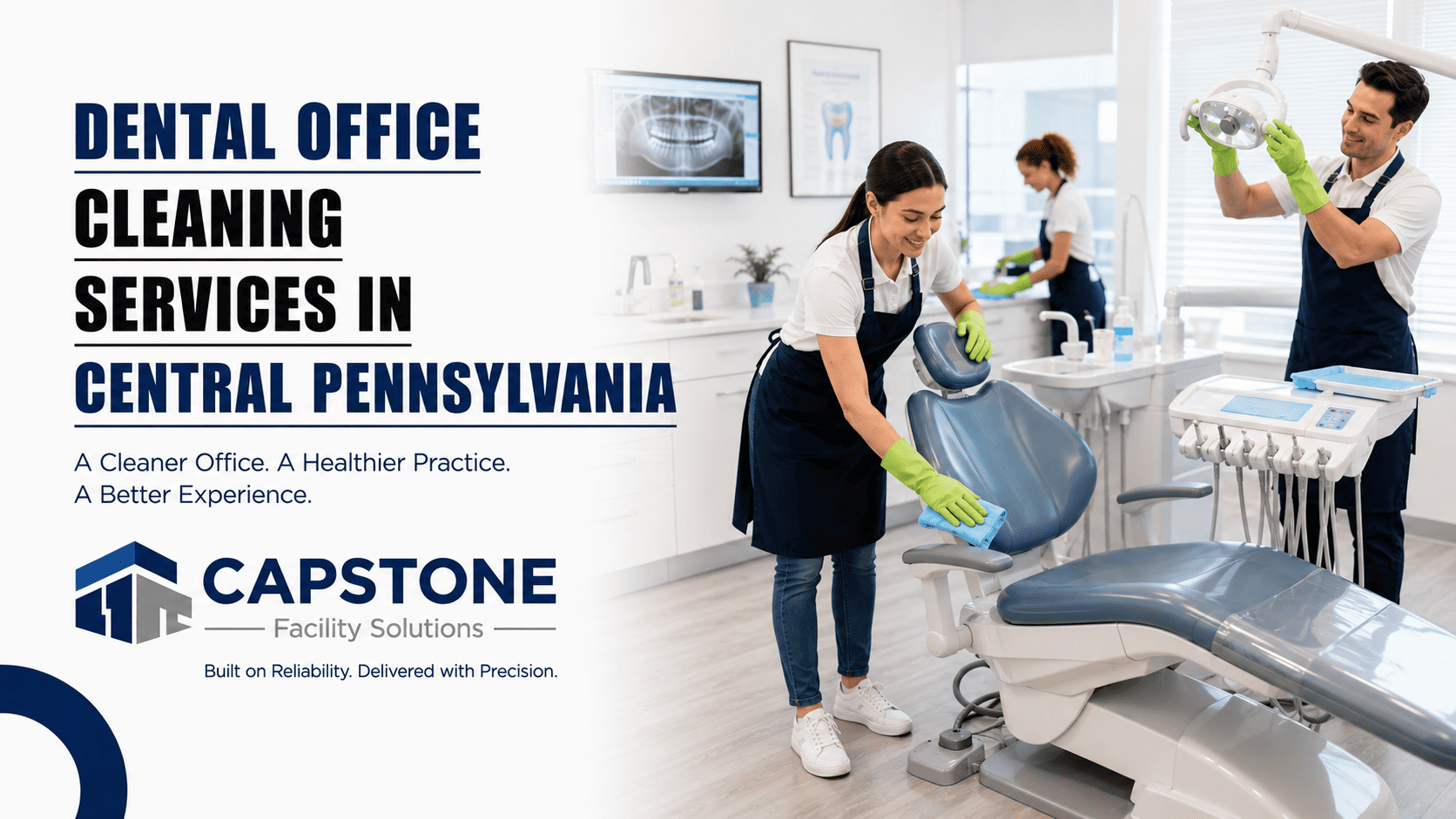 Professional cleaner disinfecting surfaces in a dental office treatment room in Central PA.