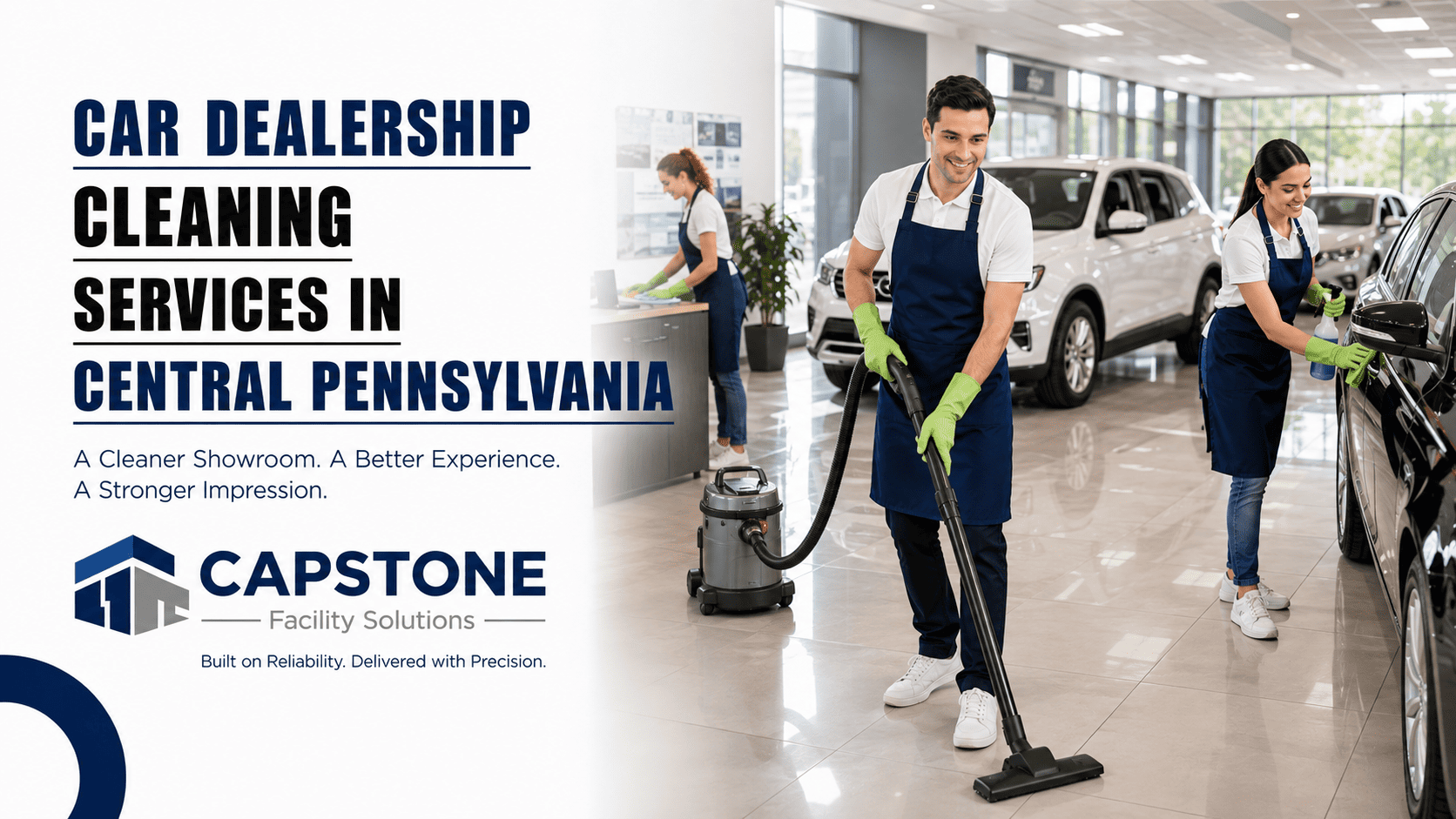 Professional commercial cleaner polishing showroom floors and glass at a car dealership in Central PA.