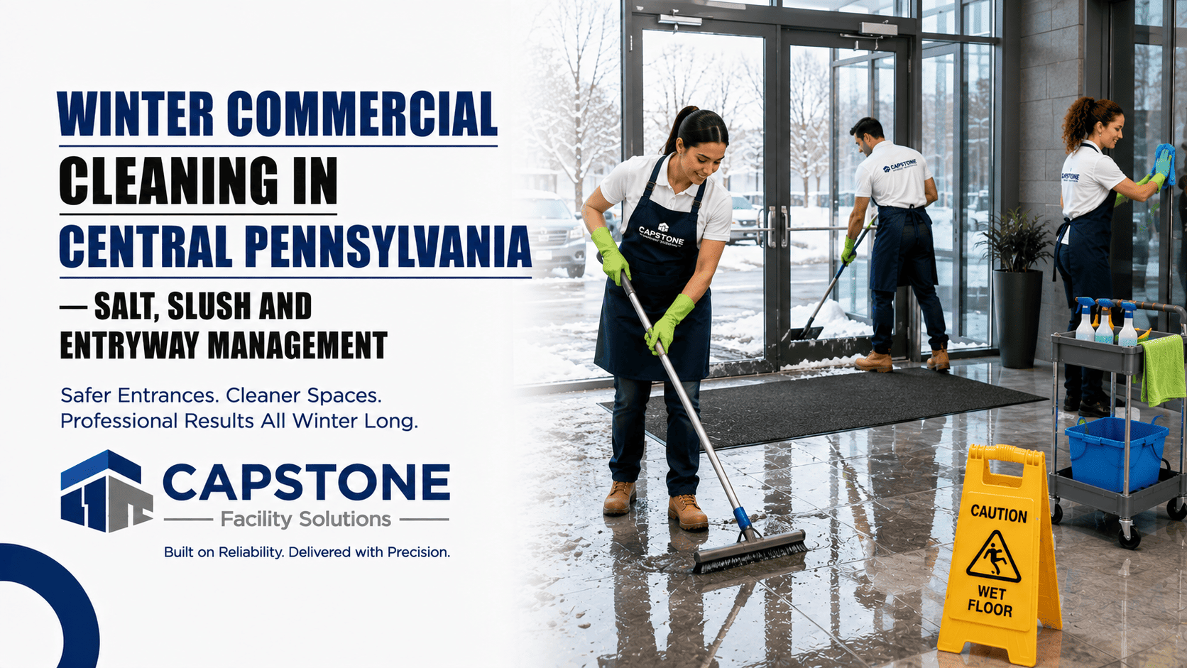 Cleaning crew managing a slush-covered commercial building entryway during a Central PA winter.