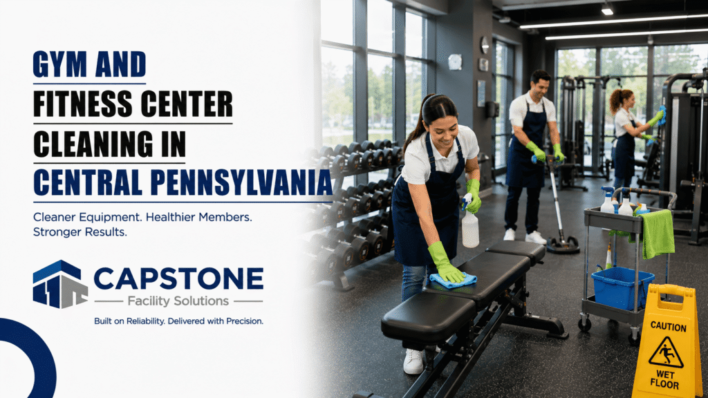 Professional cleaner disinfecting cardio equipment in a fitness center in Central PA.