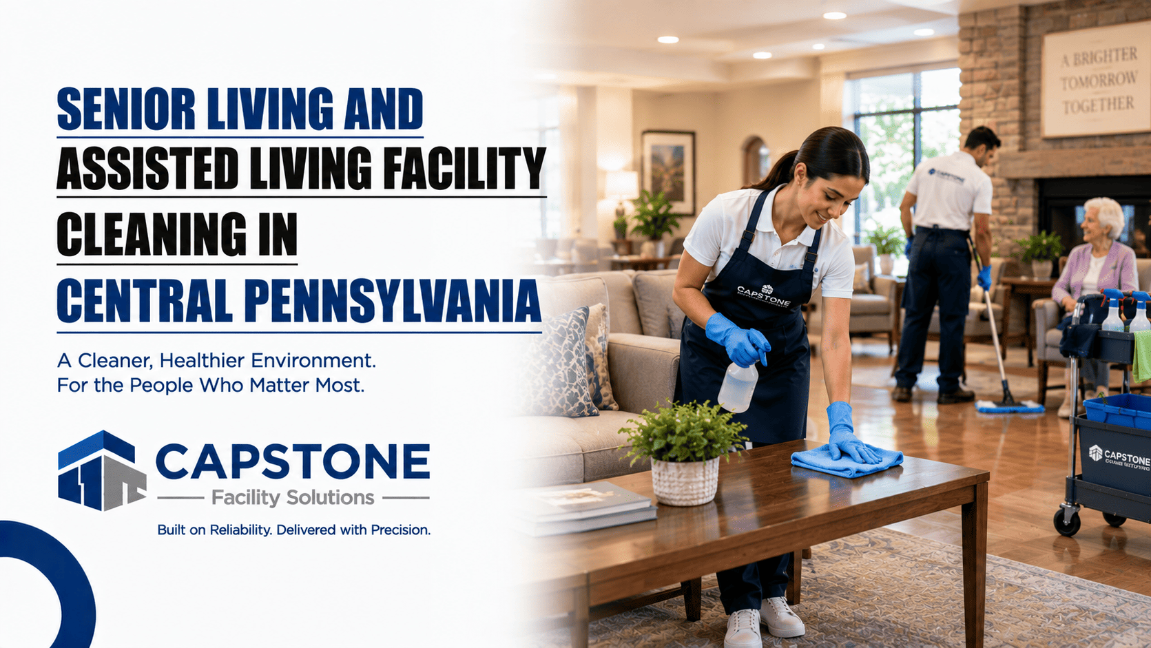 Cleaning technician maintaining a senior living community lounge in Central PA.