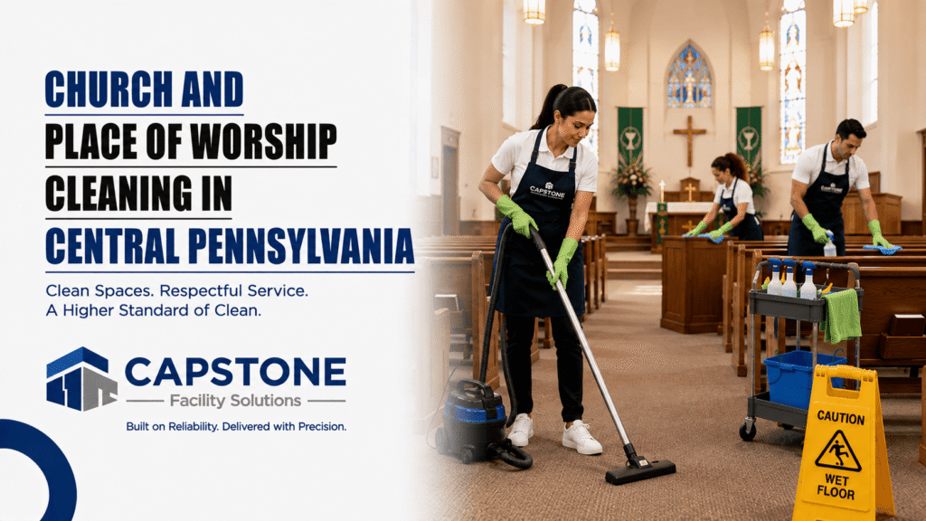 Clean, empty church sanctuary with vacuumed aisles and wiped pews in Central PA.