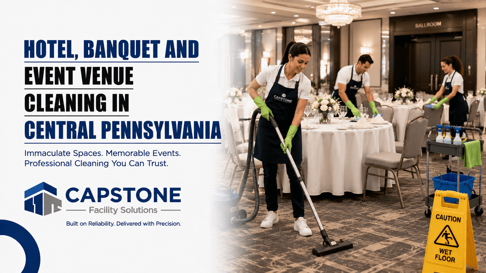 Cleaning crew resetting a banquet room after an event in Central PA.