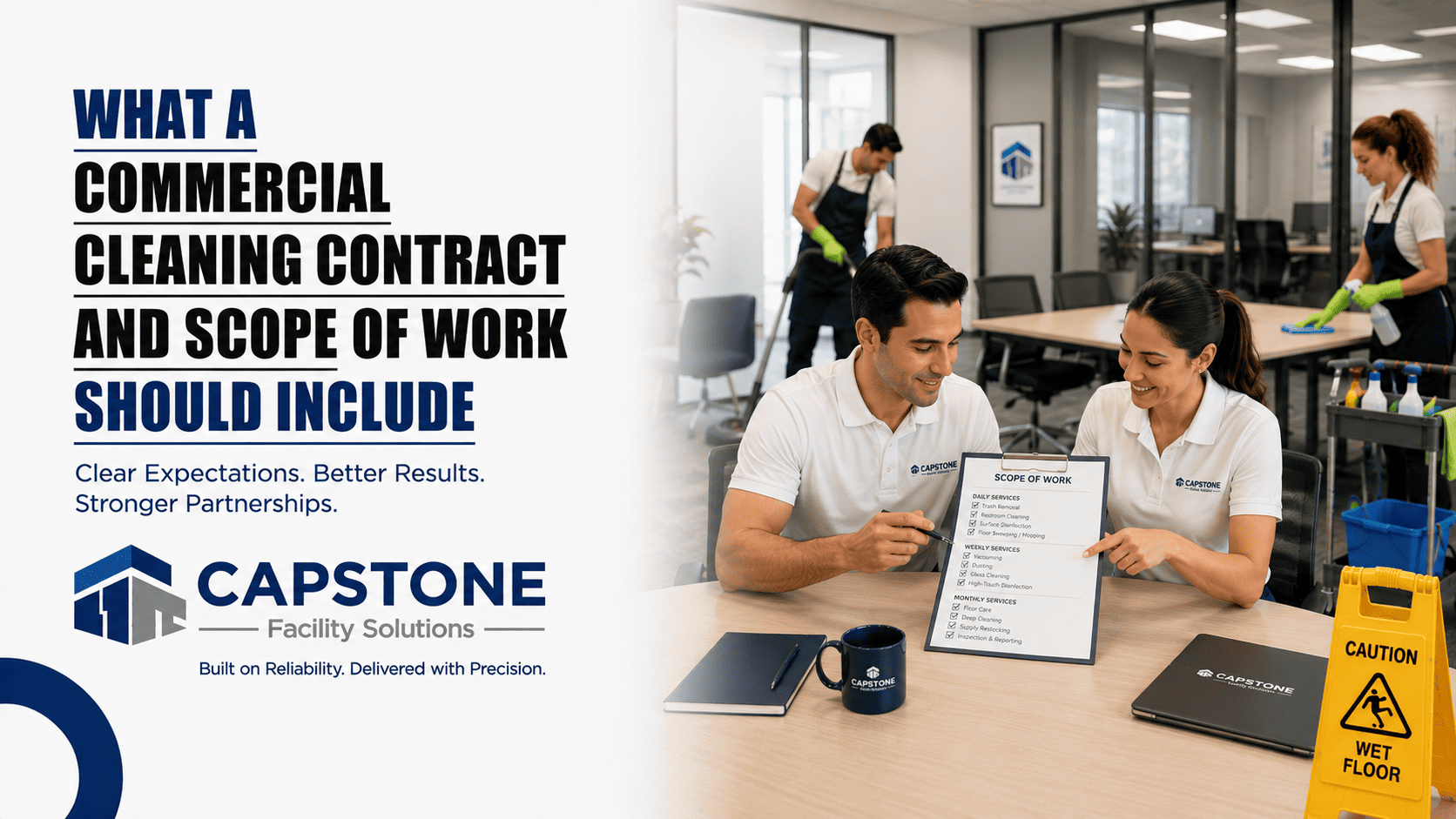 Facility manager and cleaning vendor reviewing a commercial cleaning scope of work document.