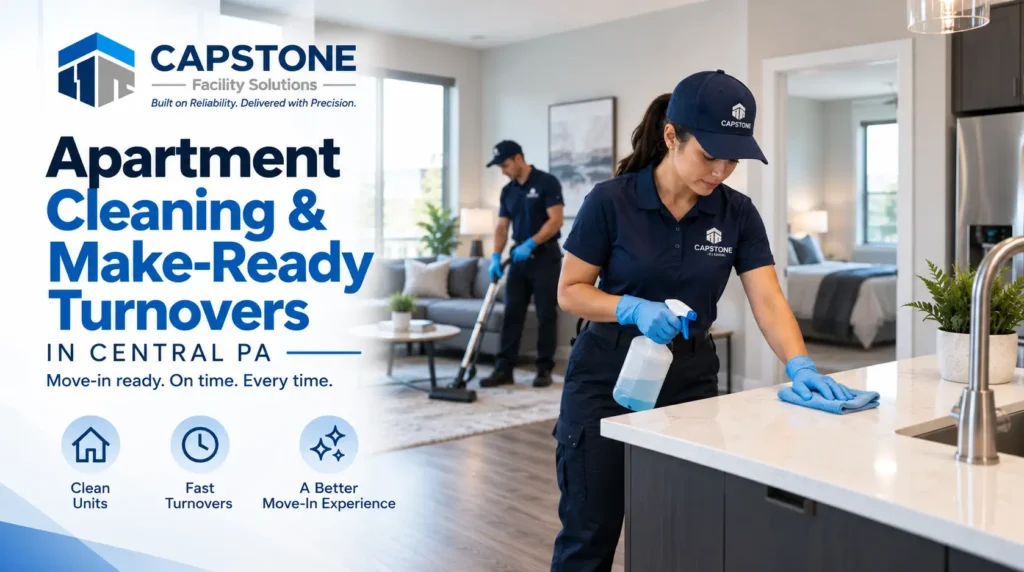 Freshly cleaned rent-ready apartment unit after a make-ready turnover in Central PA.